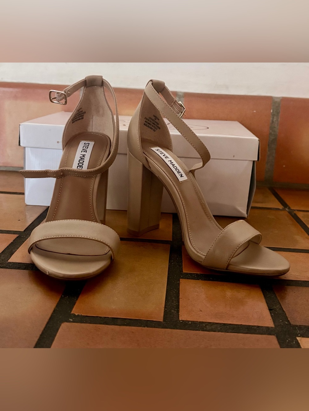Steve Madden Beige/Blush Ankle-Strap Block Heel Sandals